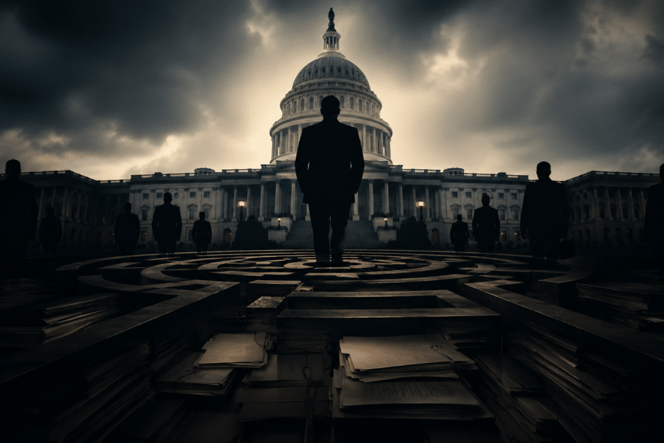Silhouette of a man in a suit standing at the center of a circular paper maze, with the Capitol Building behind him and dark stormy skies above.