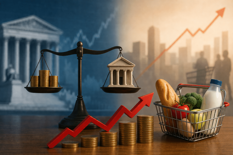 Scale with coins vs. government building, rising graph, and grocery basket symbolizing inflation and rising costs for households.