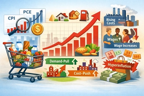 Illustration of inflation indicators with a rising red arrow, groceries, money, and graphs showing cost pressures.