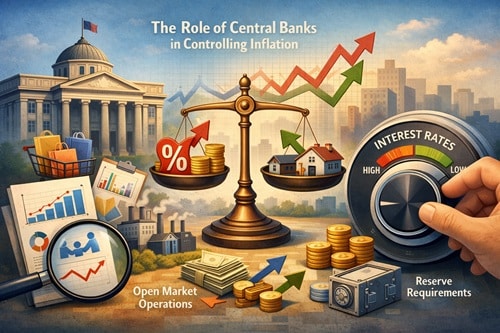 Illustration of central bank tools for inflation: a balance scale with coins, houses, the % sign, an interest-rate dial, arrows showing trends, and stacks of money with open market operations texts.