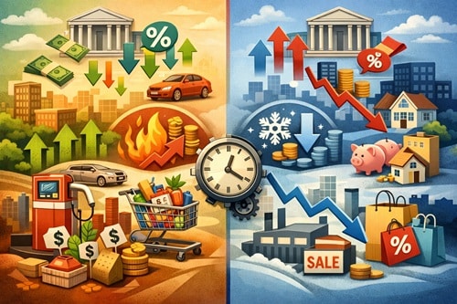 Economic contrast scene: split illustration with a central clock; left shows sunny market boom—cash, cars, shopping, and flames; right shows downturn—sale signs, percentages, arrows, and a blue cityscape.