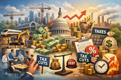 Busy economy collage showing money, taxes, and growth symbols around the Capitol building with construction equipment and graphs rising in the background.
