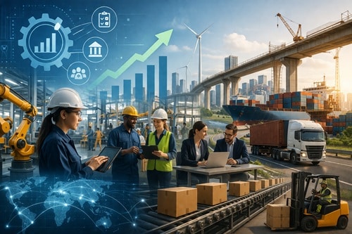 Engineers in hard hats analyze data on tablets at a busy logistics hub with cranes, a cargo ship, and an upward-trending graph in the background.