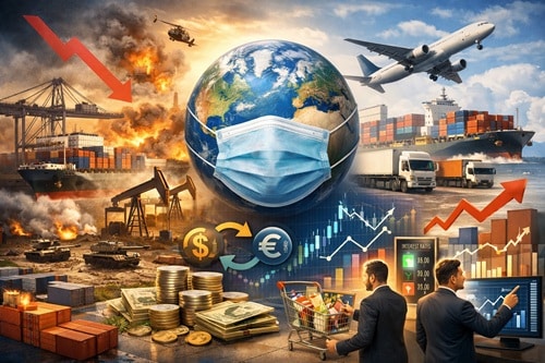 Global economy concept collage: globe wearing a surgical mask amid fires, cargo ships, planes, and money, with stock charts and businesspeople analyzing data.