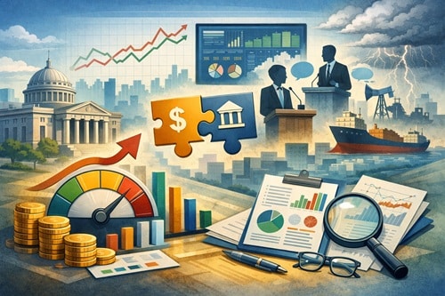 Finance montage with stock charts, coins, bar graphs, and reports over a city skyline scene; a magnifying glass hovers over papers to symbolize analysis.