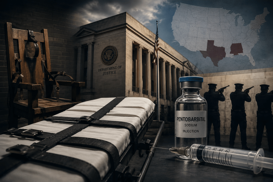 Gurney with straps in foreground, syringe and vial labeled pentobarbital sodium injection, DOJ building in background with flags.