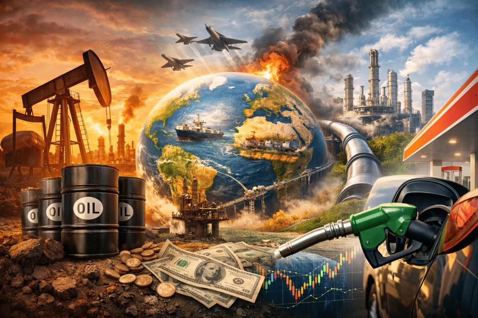 Global energy scene with oil rigs, pipelines, refinery towers, oil barrels, a gas pump nozzle, and a globe background.