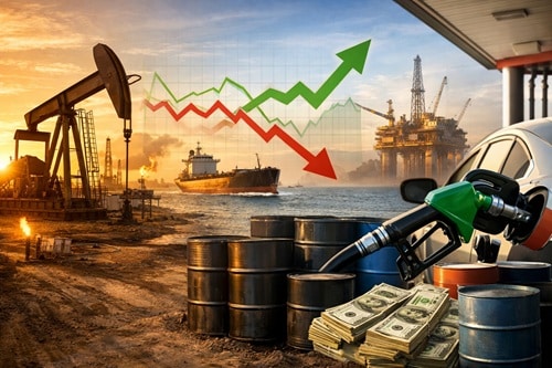 Oil field scene with a pump, barrels, money stacks and a fueling car; green and red arrows show price volatility in energy markets.
