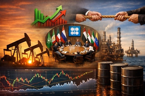 Global energy and finance collage: stock charts, oil pumps, offshore rigs, barrels, and a roundtable of delegates with flags in front of a sunset sky.