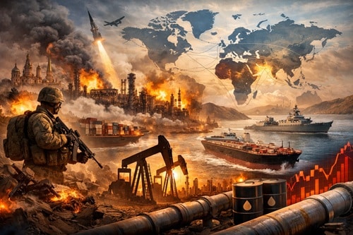 Soldier in combat gear crouches beside pipes amid explosions and a burning oil refinery, with ships on the water and a faint world map in the sky, signaling global conflict over energy resources.