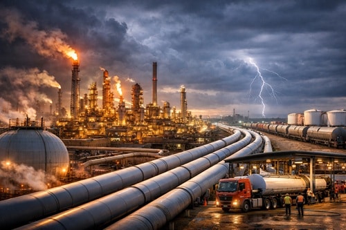 Oil refinery with extensive pipelines and a tanker truck under a stormy sky with lightning.