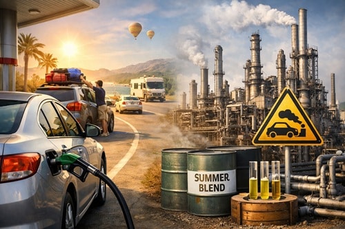 Car being fueled at a roadside gas pump beside an industrial refinery with a caution sign and barrels labeled 'Summer Blend' in the foreground.