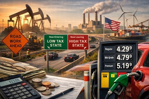 Road‑work scene with oil pumps, smokestacks, wind turbines, an American flag, and signs reading 'Now Entering Low Tax State' and 'Now Leaving High Tax State'; foreground shows a gas pump, prices, a calculator, and coins.