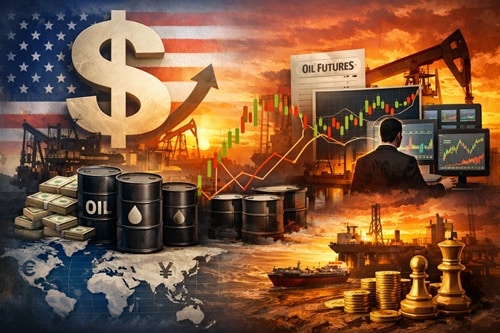 Global oil finance collage with barrels, dollar sign, coins, and trading screens showing futures charts on a sunset background