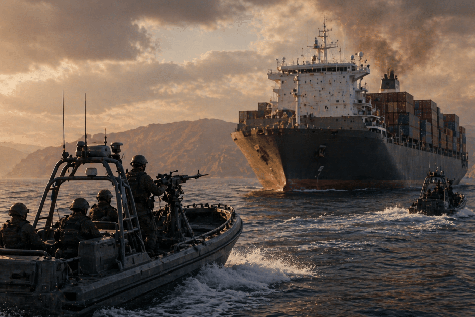 Military boats escort a large container ship at sunset, soldiers on the nearRigid-Hull inflatable boat aiming rifles.