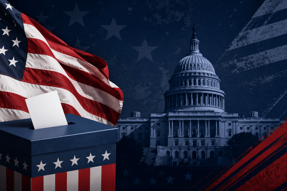 Flag of the United States billowing beside a blue ballot box with a white ballot, Capitol building in the background, patriotic design.