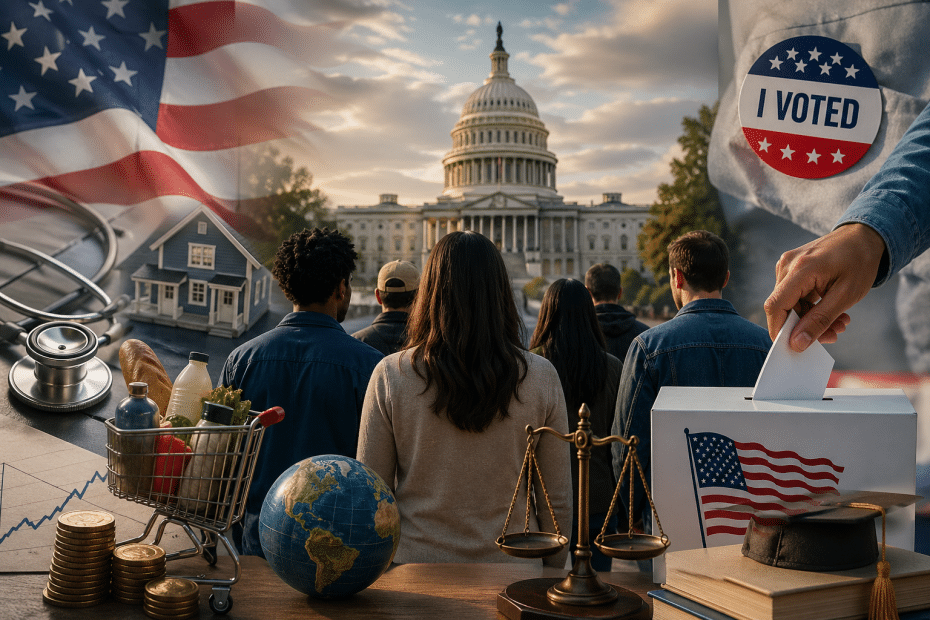 People seen from behind facing the U.S. Capitol, with voter imagery like an 'I Voted' badge and ballot box nearby.