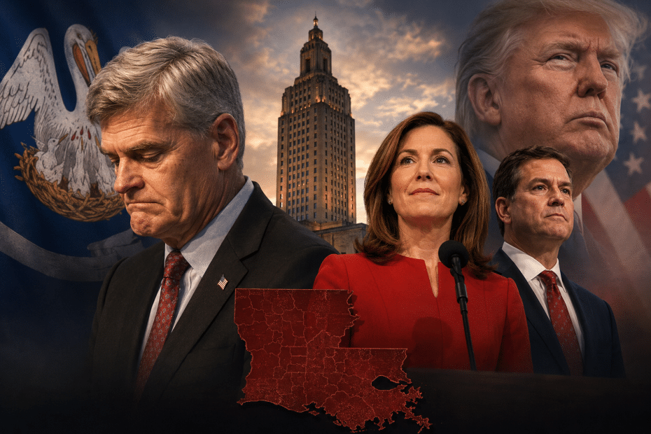 Three politicians at a press conference; woman in red center microphone, flanked by two men, with a red-state map and patriotic backdrop behind.