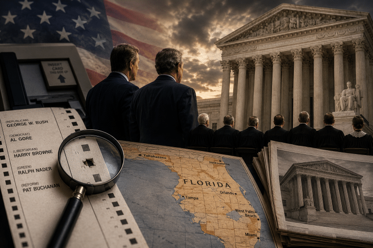 Judges in black robes sit before the U.S. Supreme Court as a large map of Florida and a ballot with candidate names lie nearby, with an American flag in the background and a magnifying glass over the page.
