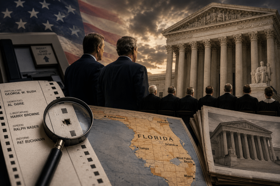 Judges in black robes sit before the U.S. Supreme Court as a large map of Florida and a ballot with candidate names lie nearby, with an American flag in the background and a magnifying glass over the page.