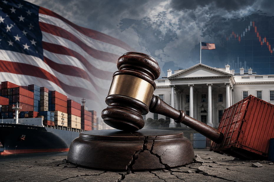 Gavel in foreground over cracked ground with the White House, American flag, and cargo ships in the background, symbolizing trade justice and policy.