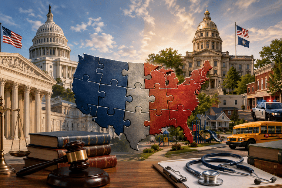 Jigsaw map of the United States in blue, gray, and red over a courthouse and capitol building backdrop, with legal tools in the foreground (gavel, scales).