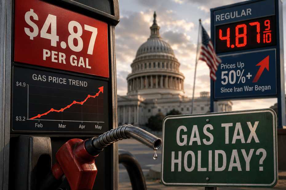 Gas pump with $4.87 per gallon sign and a graph showing rising gas prices, Capitol building in the background