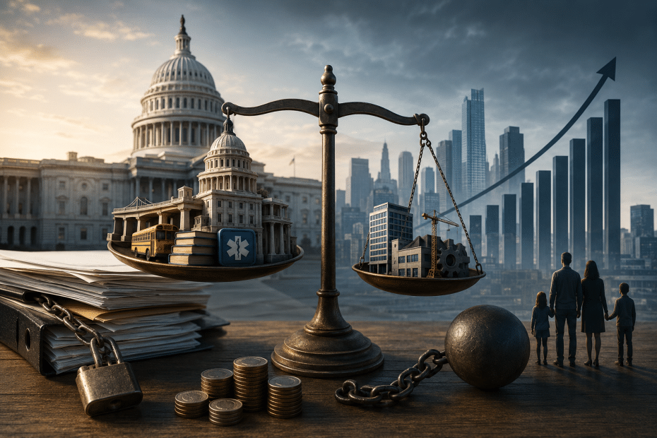 Balance scale contrasts government/education/health symbols with industry/construction icons against a rising urban skyline and graph.