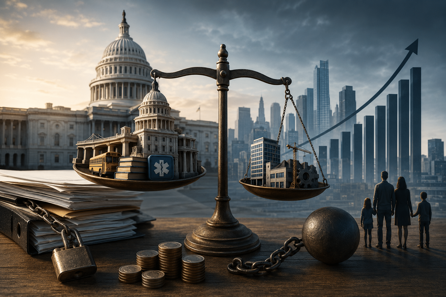 Balance scale contrasts government/education/health symbols with industry/construction icons against a rising urban skyline and graph.