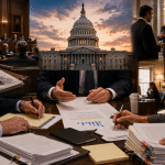 Montage of government work: a congressional hearing, the U.S. Capitol at sunset, and officials discussing and signing documents.