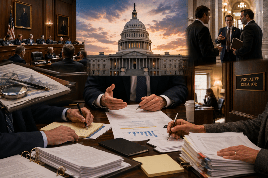 Montage of government work: a congressional hearing, the U.S. Capitol at sunset, and officials discussing and signing documents.