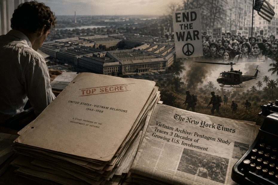 Desk scene with a 'TOP SECRET' file, a The New York Times front page about Vietnam War, and a protest sign reading 'END THE WAR' in the background.