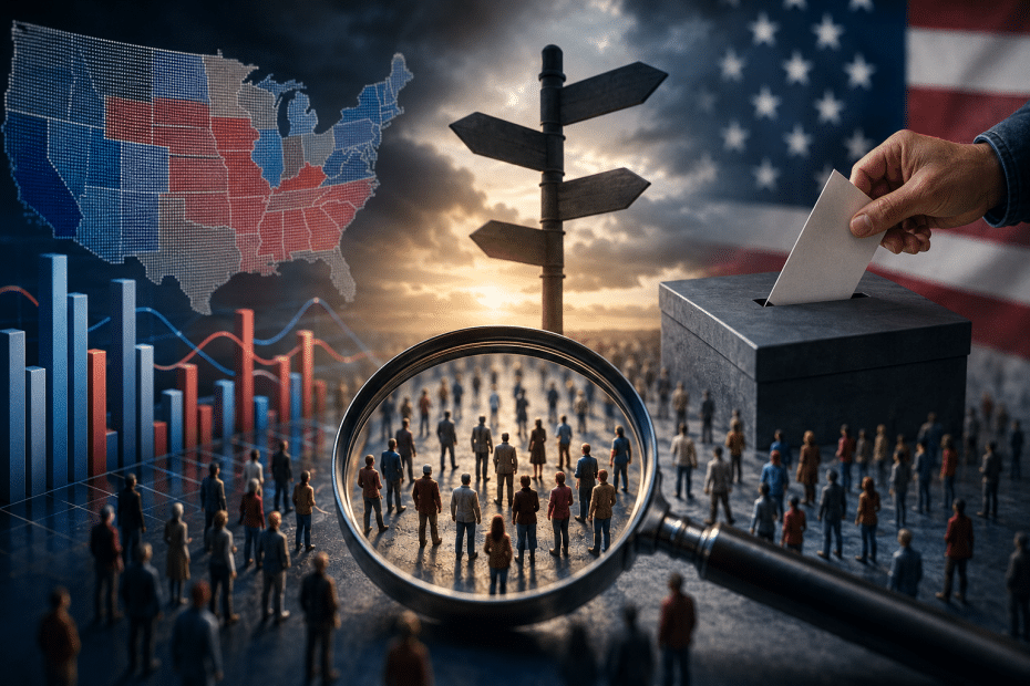 Hand dropping a ballot into a box as a crowd is viewed through a magnifying glass, with a signpost and the US flag in the background.