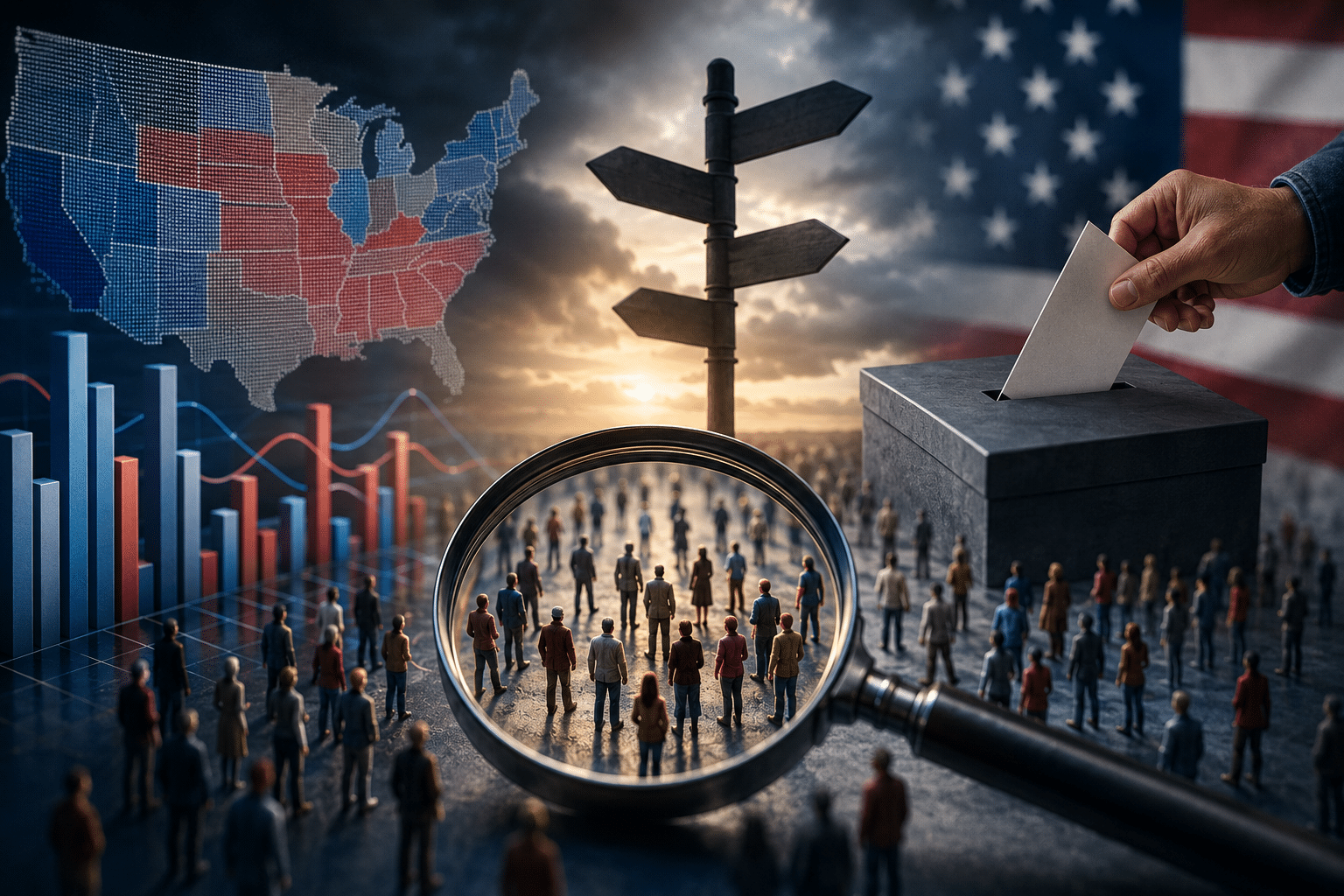 Hand dropping a ballot into a box as a crowd is viewed through a magnifying glass, with a signpost and the US flag in the background.