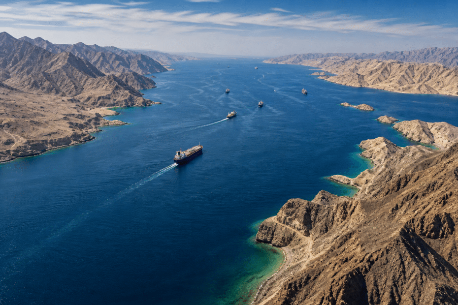 Aerial view of a wide blue sea between brown, rugged mountains with several cargo ships sailing in a shipping lane.