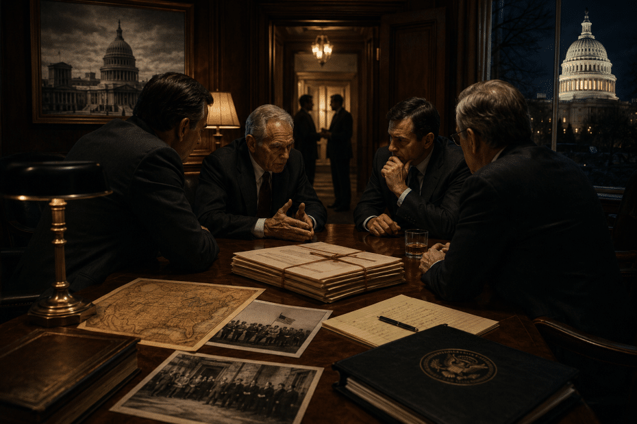 Four suited men sit around a large wooden desk in a dark, wood-paneled room, examining folded documents and old photos across the table.