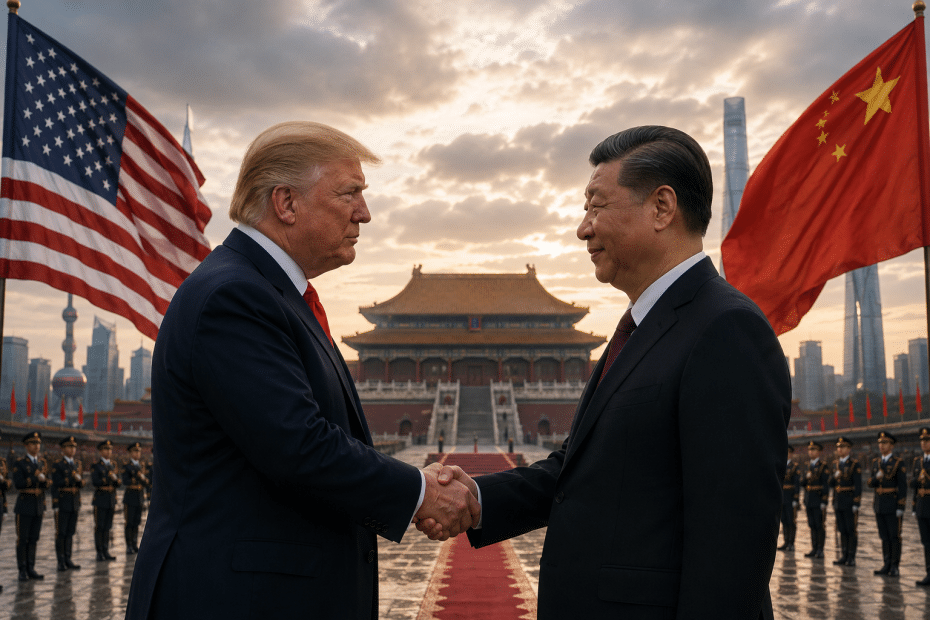 US and China leaders Donald Trump and Xi Jinping shake hands on a red carpet between the American and Chinese flags, with a ceremonial guard and the Tiananmen-style building at sunset in the background.