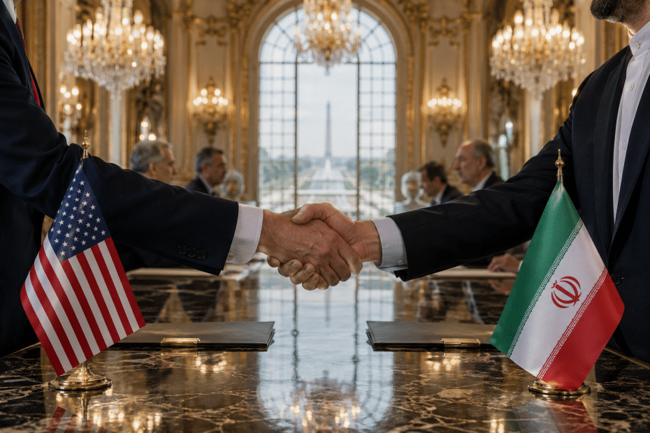 Diplomats from the US and Iran shake hands across a marble table with flags, in a gilded, chandelier-lit room.