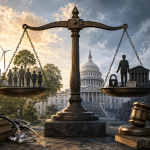 Bronze balance scales in the foreground, left pan with a family silhouette and sustainable energy icons (solar panel, wind turbine, tree), right pan with a figure near a government building and a padlock, Capitol in the background; gavel and stethoscope nearby. Instead of just a scene, it conveys balance between family welfare, environment, and governance.
