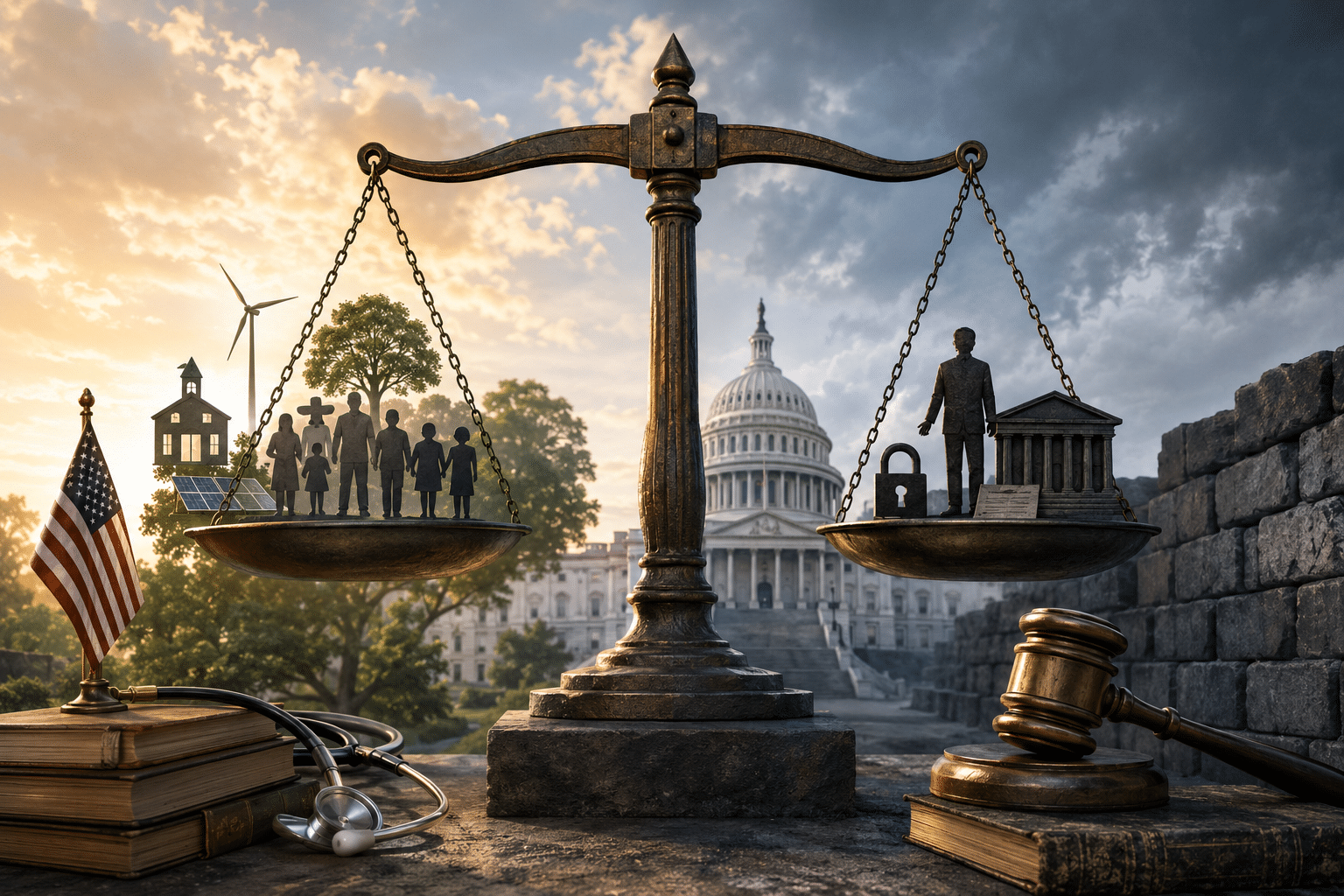 Bronze balance scales in the foreground, left pan with a family silhouette and sustainable energy icons (solar panel, wind turbine, tree), right pan with a figure near a government building and a padlock, Capitol in the background; gavel and stethoscope nearby. Instead of just a scene, it conveys balance between family welfare, environment, and governance.