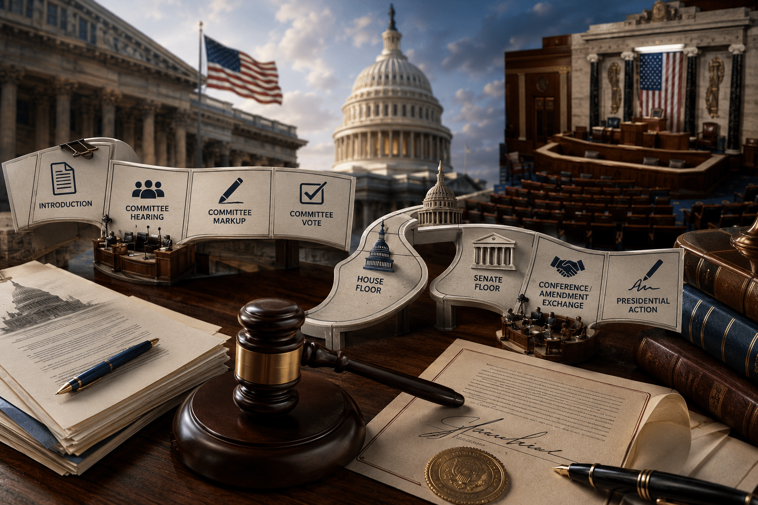 Desk-top diorama of the U.S. legislative process with labeled stages, gavel, and paper documents, Capitol in the background (informational).