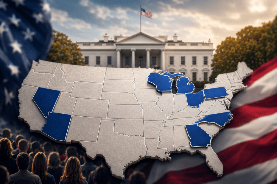 Map of the United States with several states colored blue, set before the White House with flags in view.