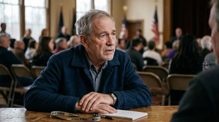 Older man in a blue jacket sits at a table during a public forum, hands folded over a notepad and pen in front.