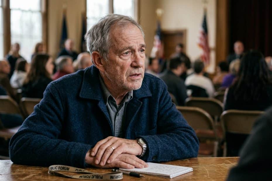 Older man in a blue jacket sits at a table during a public forum, hands folded over a notepad and pen in front.