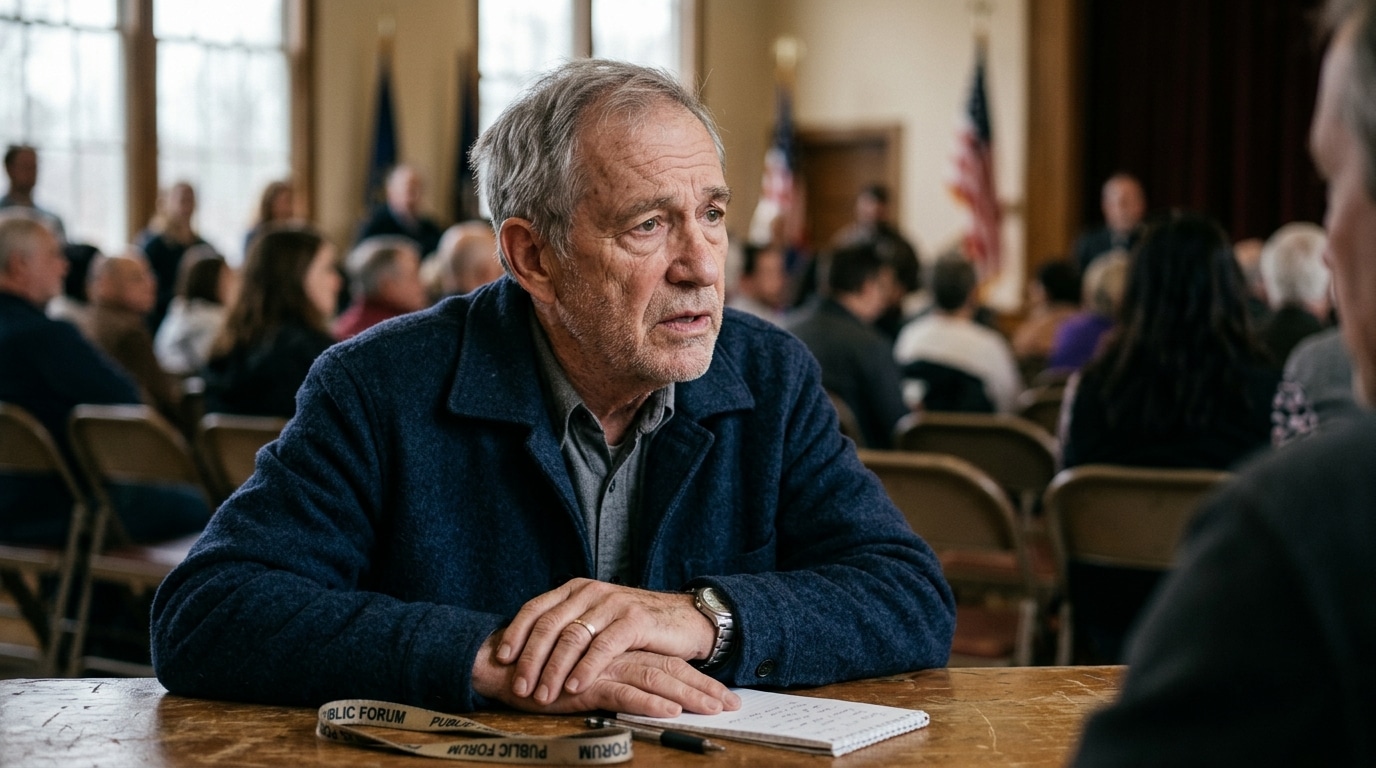 Older man in a blue jacket sits at a table during a public forum, hands folded over a notepad and pen in front.
