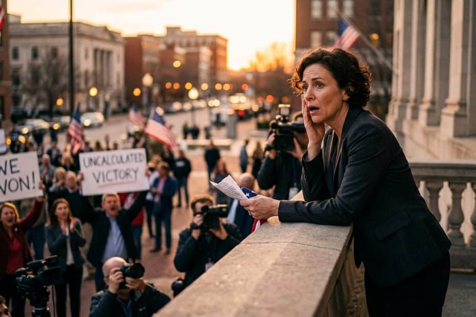 Woman in a dark blazer leans on a railing, addressing a crowd of protesters with signs reading 'We Won!' and 'Uncalculated Victory'.