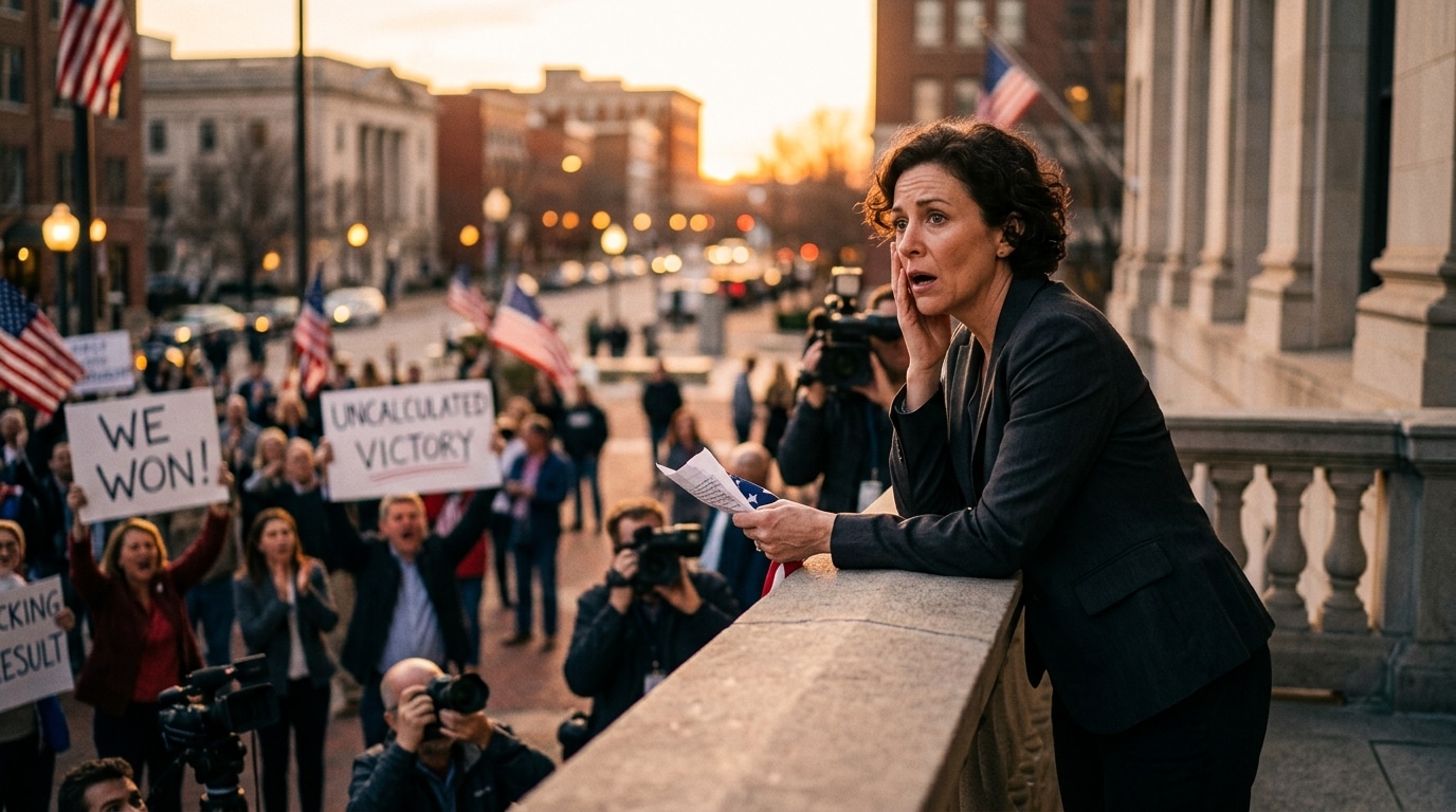 Woman in a dark blazer leans on a railing, addressing a crowd of protesters with signs reading 'We Won!' and 'Uncalculated Victory'.
