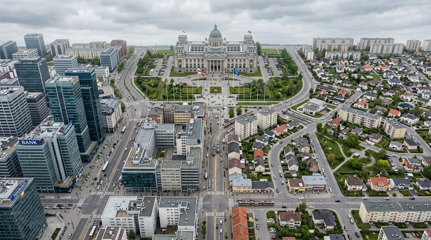 Aerial view of a city: a grand neoclassical capitol building with a dome, flagpoles, and a green plaza, surrounded by modern skyscrapers and streets.] ,
