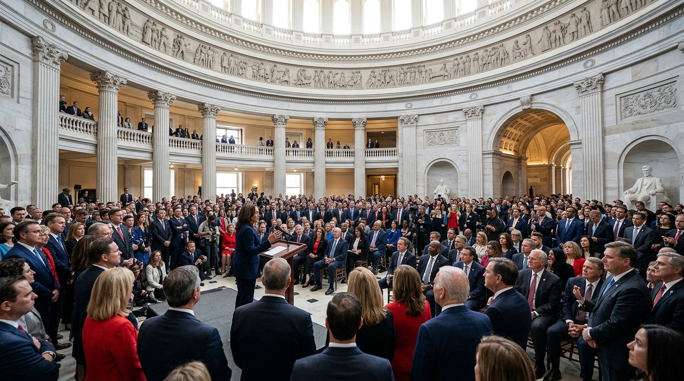 A woman in a dark suit speaks at a podium to a large semicircular audience in a grand marble capitol hall with tall columns.