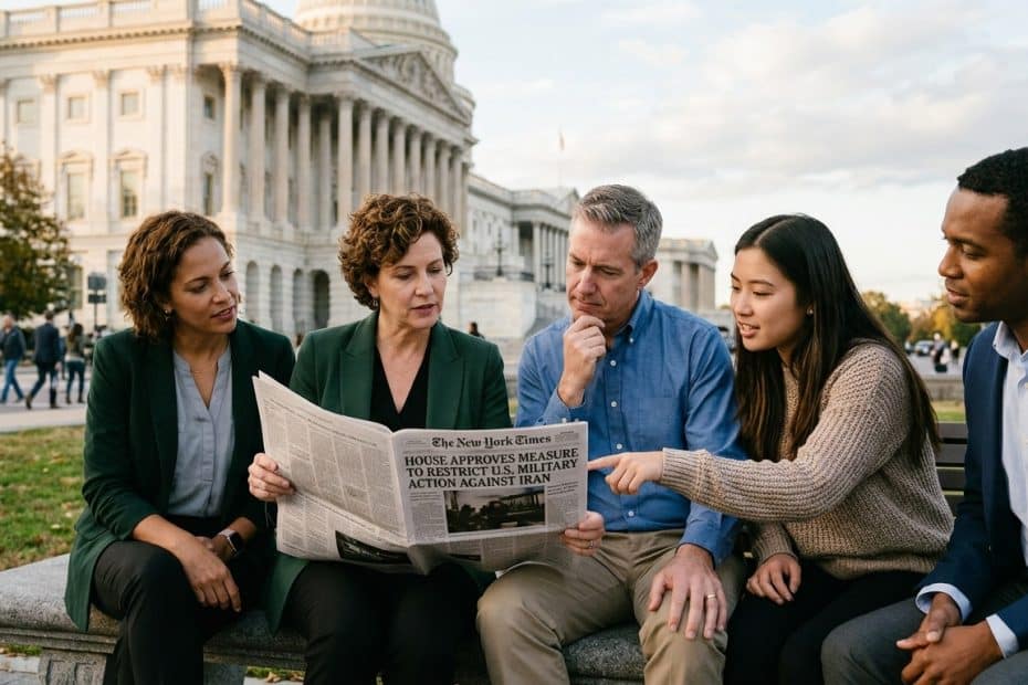 Five diverse adults sit on a park bench outside a neoclassical government building, reading a newspaper together.